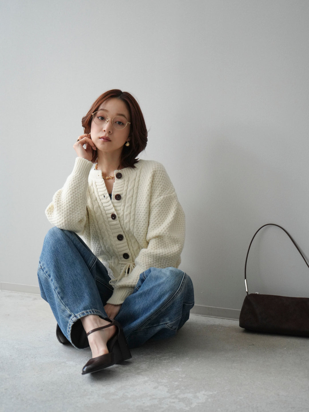 [SET]裾レースケーブルニットカーディガン+ペインターカーブデニムパンツ(2set)