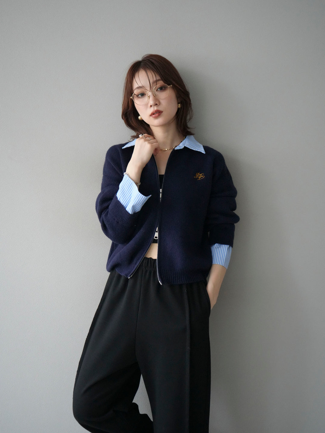 [予約]ストライプシャツレイヤードZIPニットカーディガン/navy