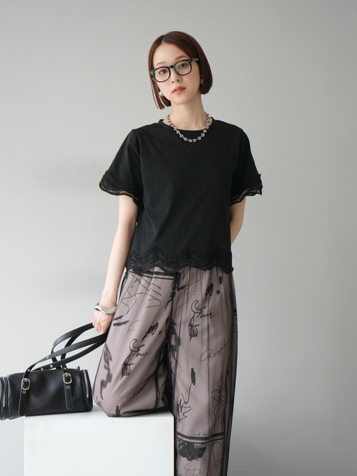 [SET]レース切替カットソー+コード刺繍チュールレイヤードパンツ(2set)