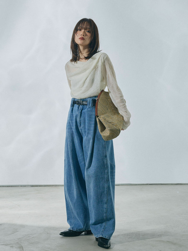 【Allure】[SET]ストレッチレースドレープトップス+ハイウエストベルトループデザインデニムパンツ(2set)