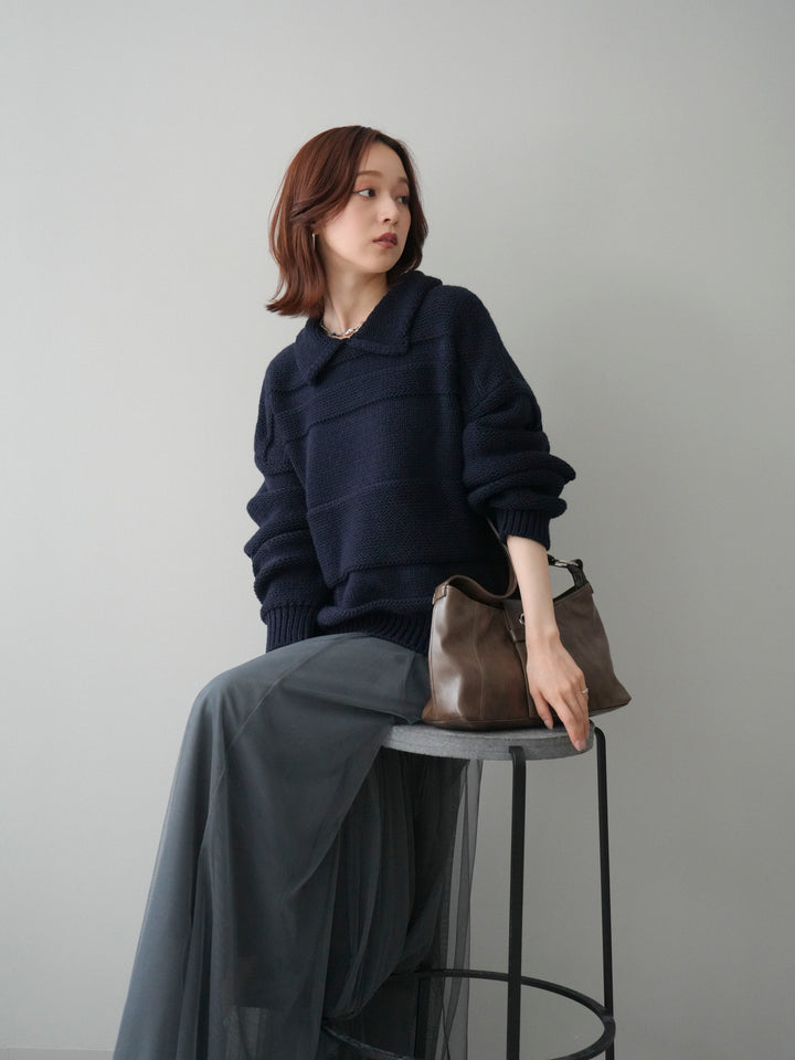 [SET]襟付きボーダー編みニットプルオーバー+チュールボリュームスカート(2set)