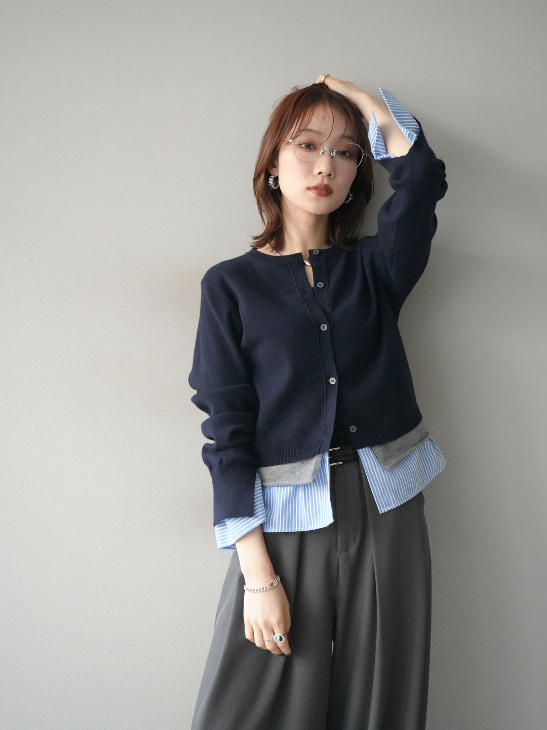 [SET]シャツ襟レイヤードニットカーディガン+ベルトループデザインワイドパンツ(2set)