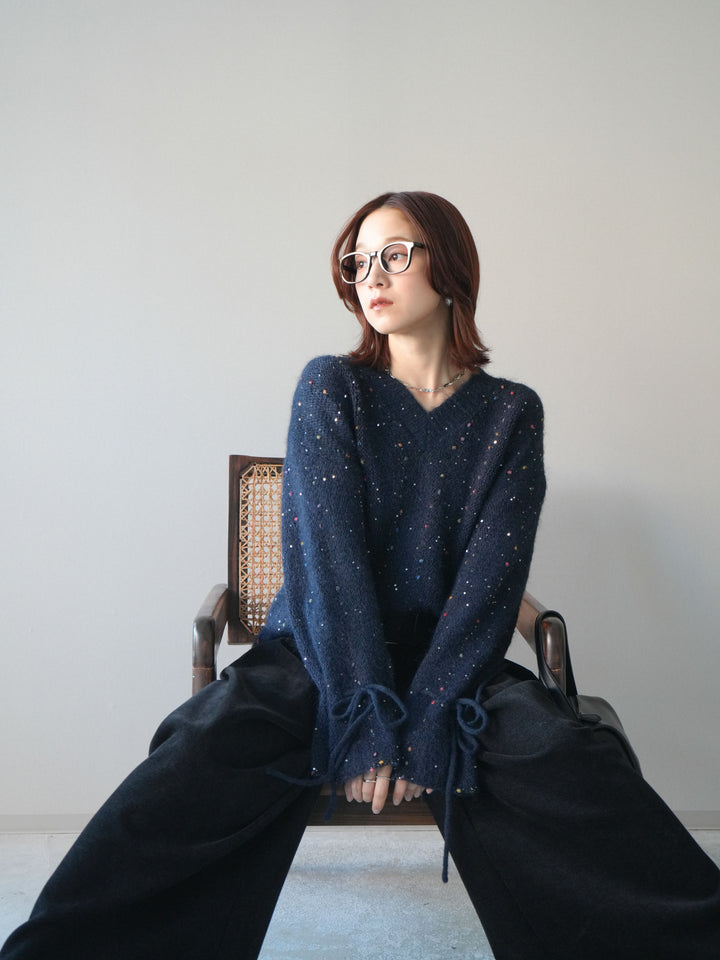 [SET]キャンディースリーブカラーネップスパンコールニットプルオーバー+ベルトデザインループコールテンワイドパンツ(ベルト付き)(2set)