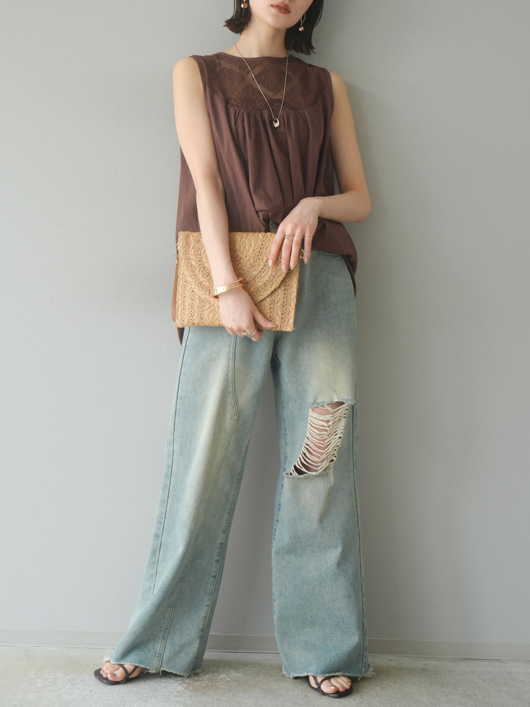 [予約]インド製コットンレース切替ノースリブラウス/ブラウン