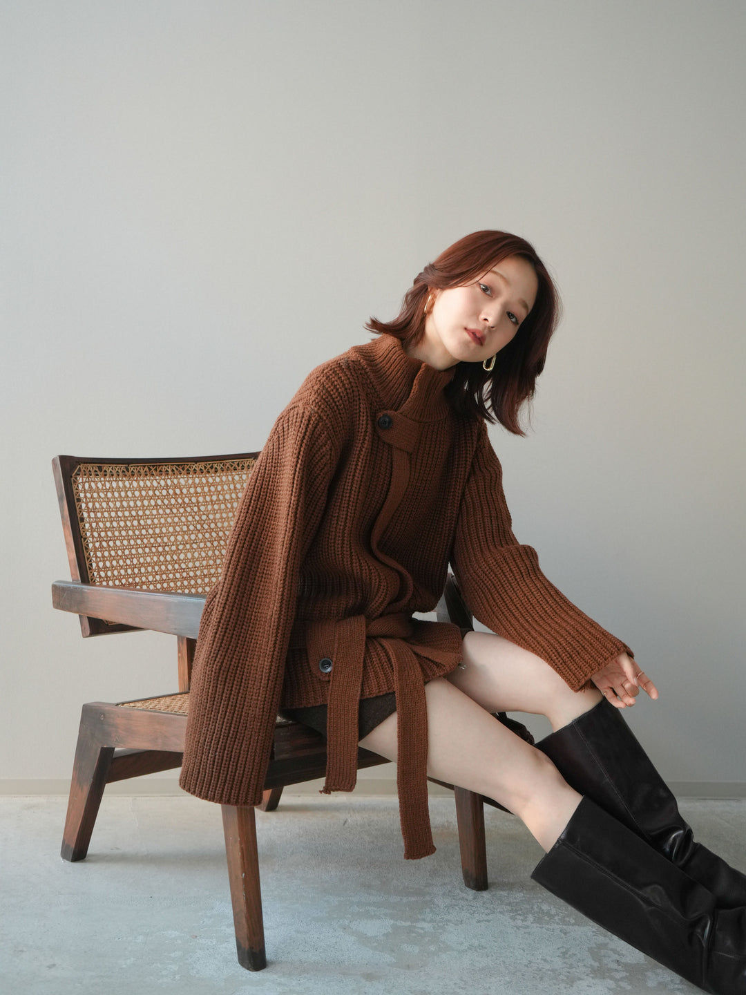 [SET]畦編みボトルネックZIPニットカーディガン+ウールタッチベルト付ミニスカート(2set)