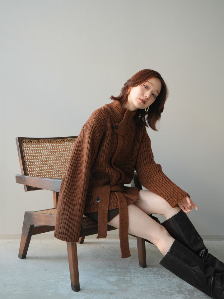 [SET]畦編みボトルネックZIPニットカーディガン+ウールタッチベルト付ミニスカート(2set)