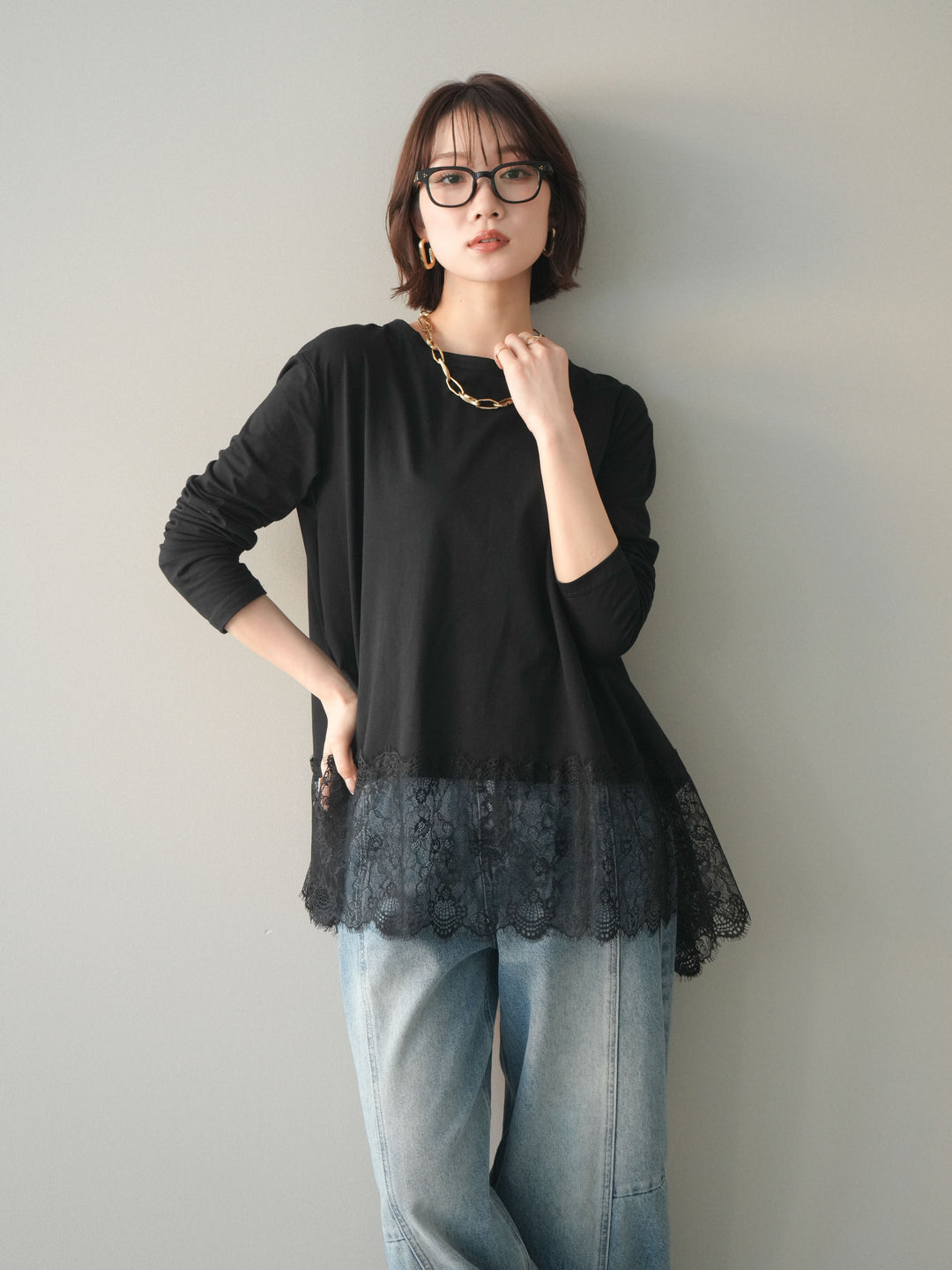 [SET]裾レースロングスリーブTシャツ+選べるアクセセット(2set)