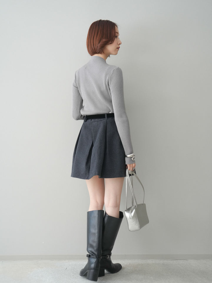 [SET]シアー切替スパンコールリブニットトップス+ベルト付きタックミニスカート(2set)
