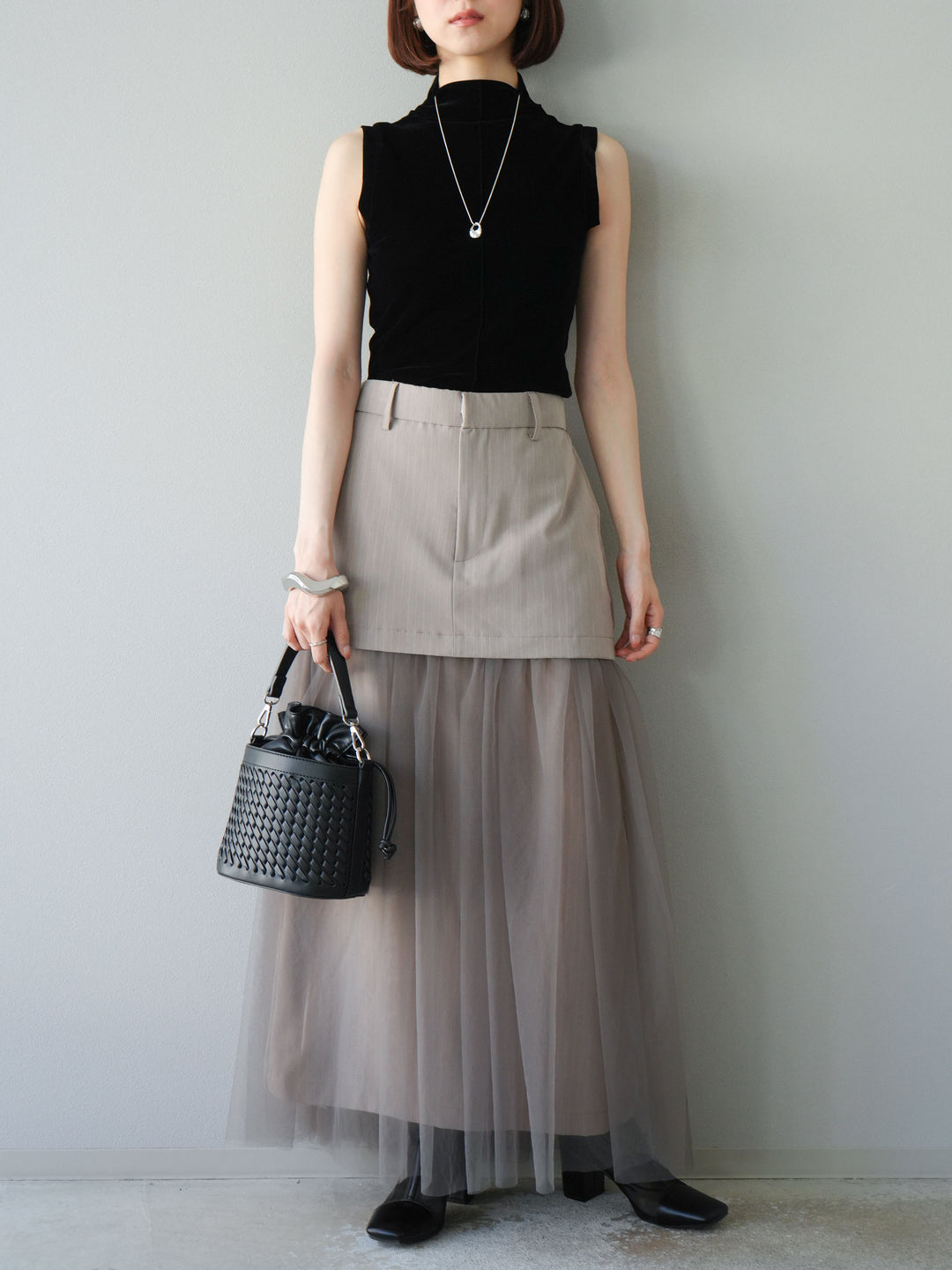 [予約]シアーベロアプチネックノースリーブトップス/ブラック