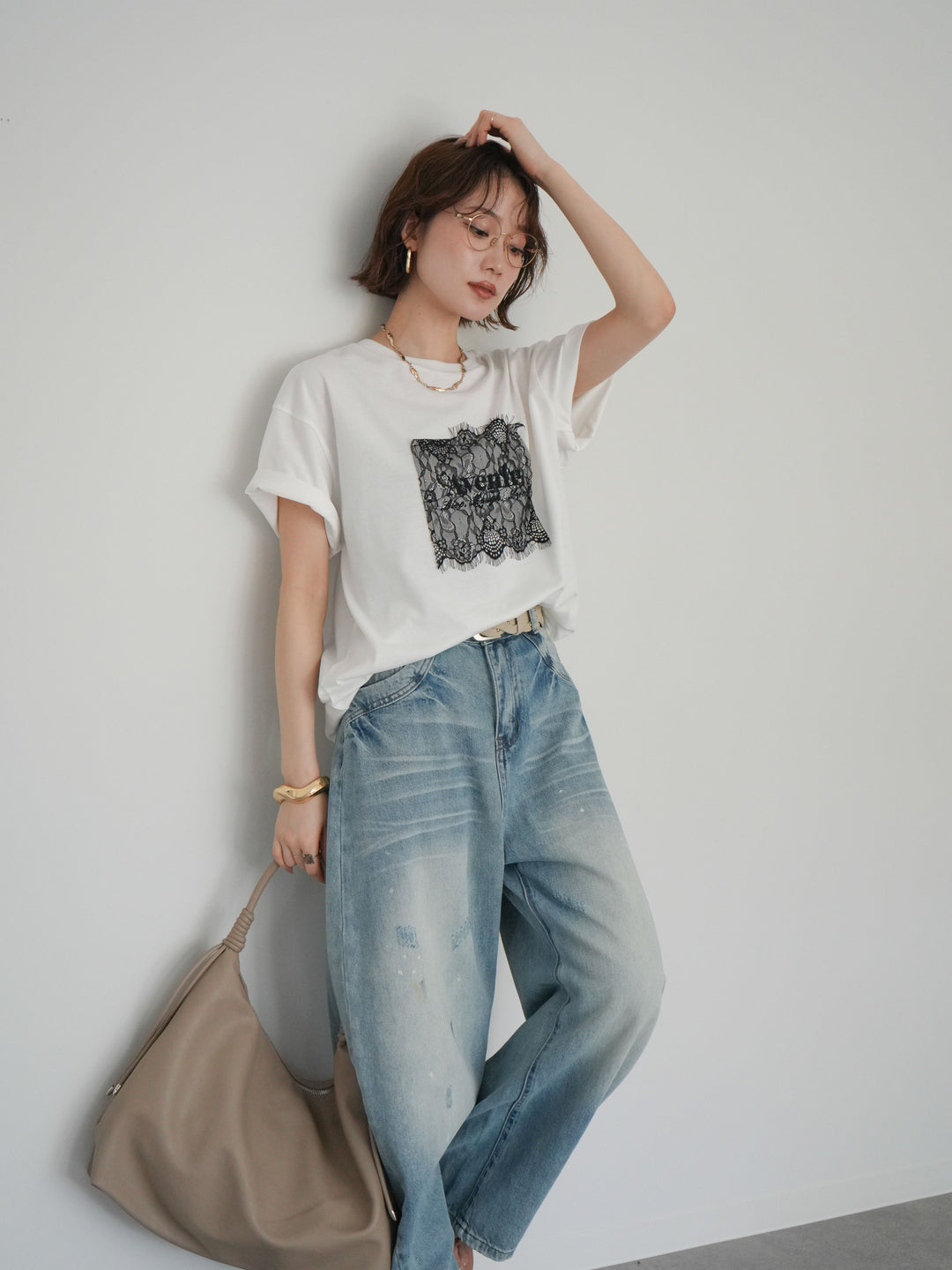 [予約]レースコラージュロゴTシャツ/off