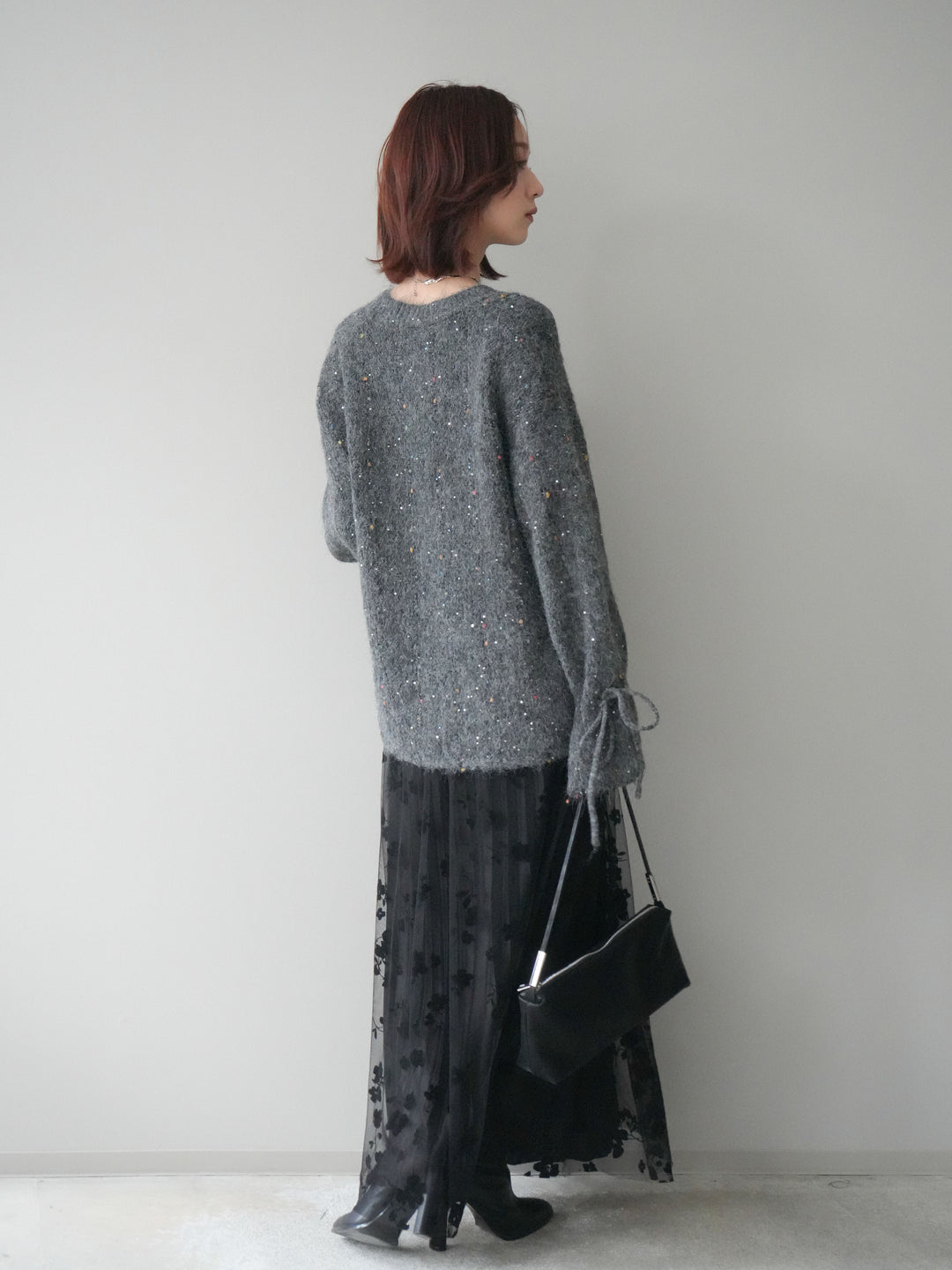 [SET]キャンディースリーブカラーネップスパンコールニットプルオーバー+フラワーフロッキーチュールプリーツスカート(2set)