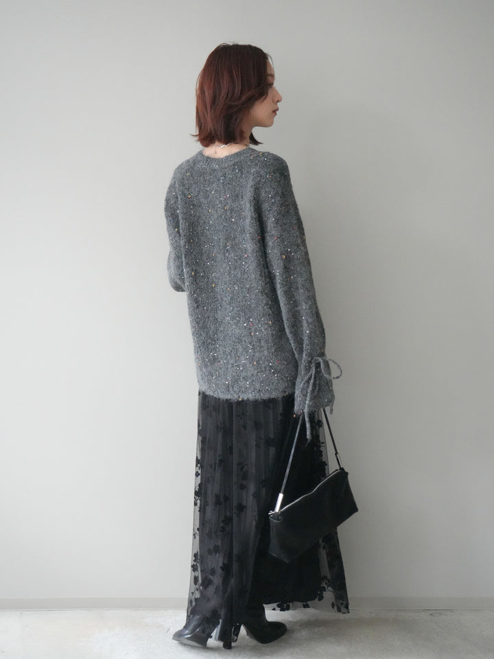 [SET]キャンディースリーブカラーネップスパンコールニットプルオーバー+フラワーフロッキーチュールプリーツスカート(2set)