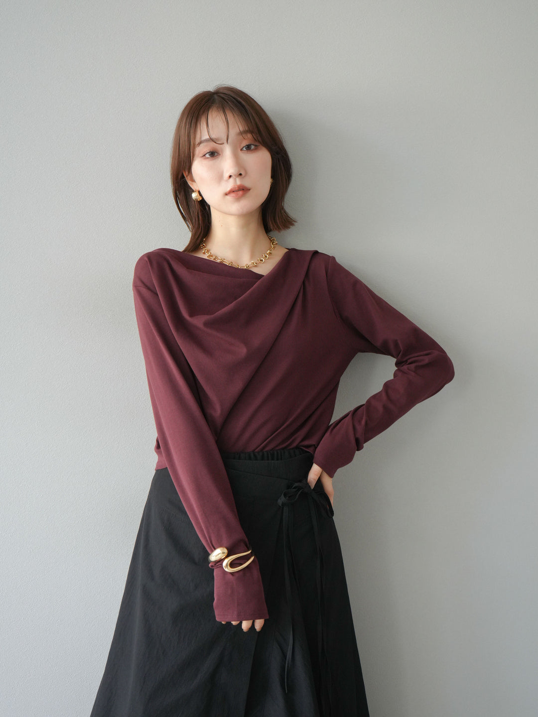[予約]ドレープデザインカットソー/ブラウン