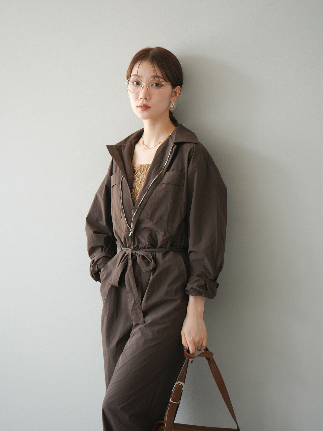 [予約]ナイロンジャンプスーツ/ブラウン