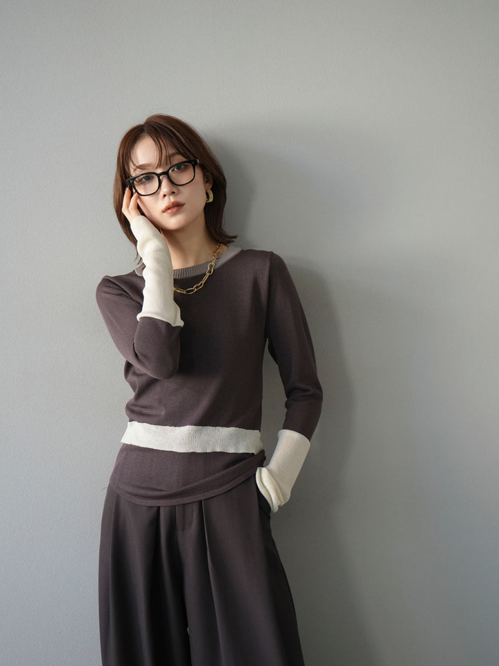 [予約]異素材配色デザインニットトップス/ブラウン