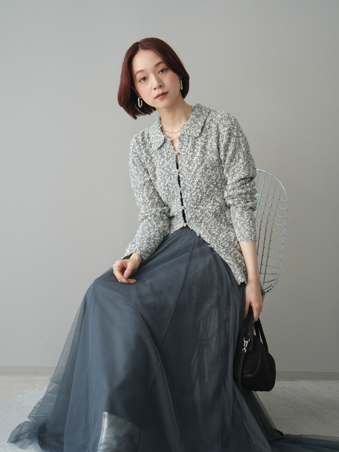 [SET]透かし編みブークレポロニットトップス+選べるアクセセット(2set)