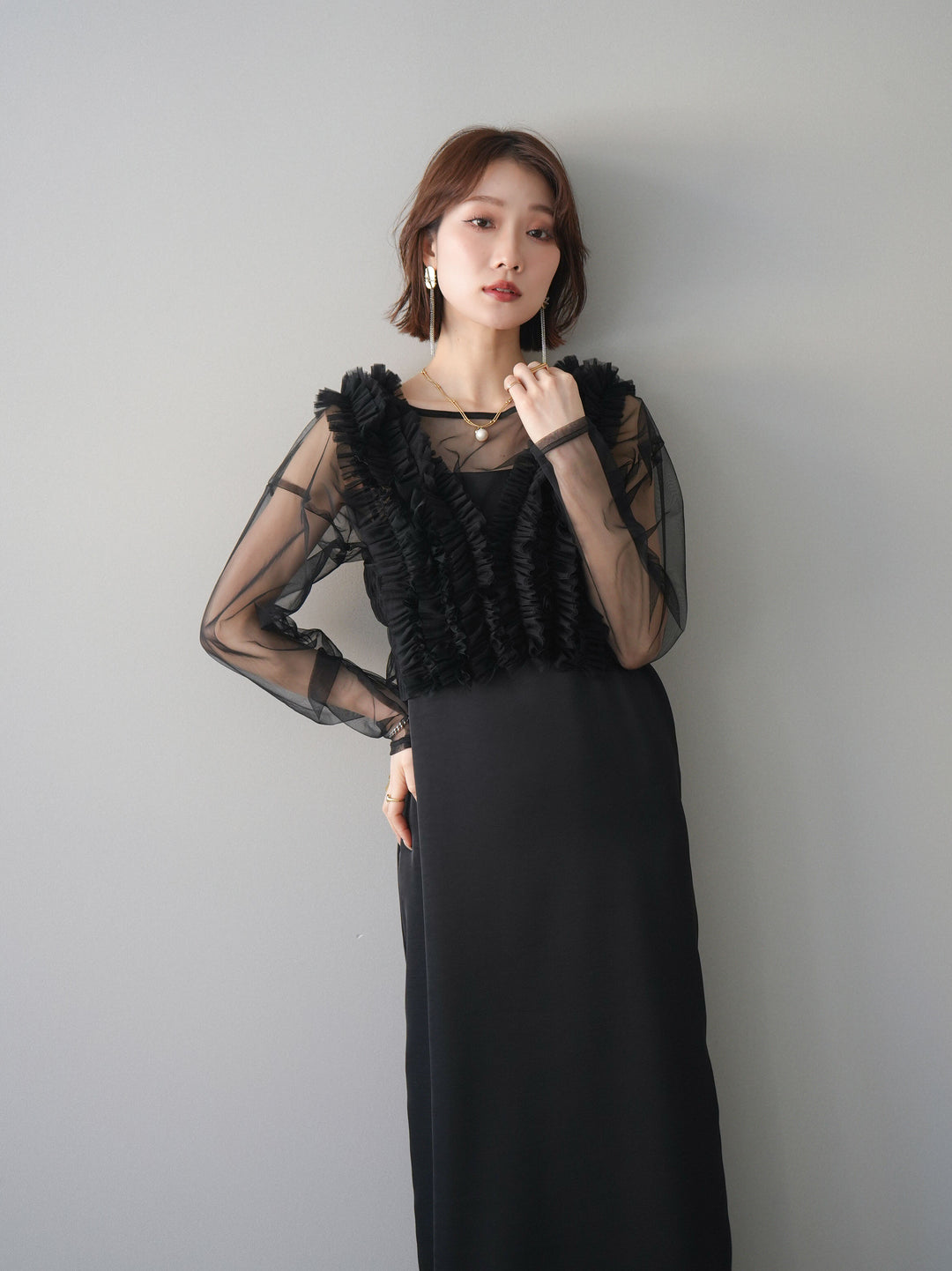 [予約]チュールフリルアンサンブルキャミソールドレス 3点SET/black