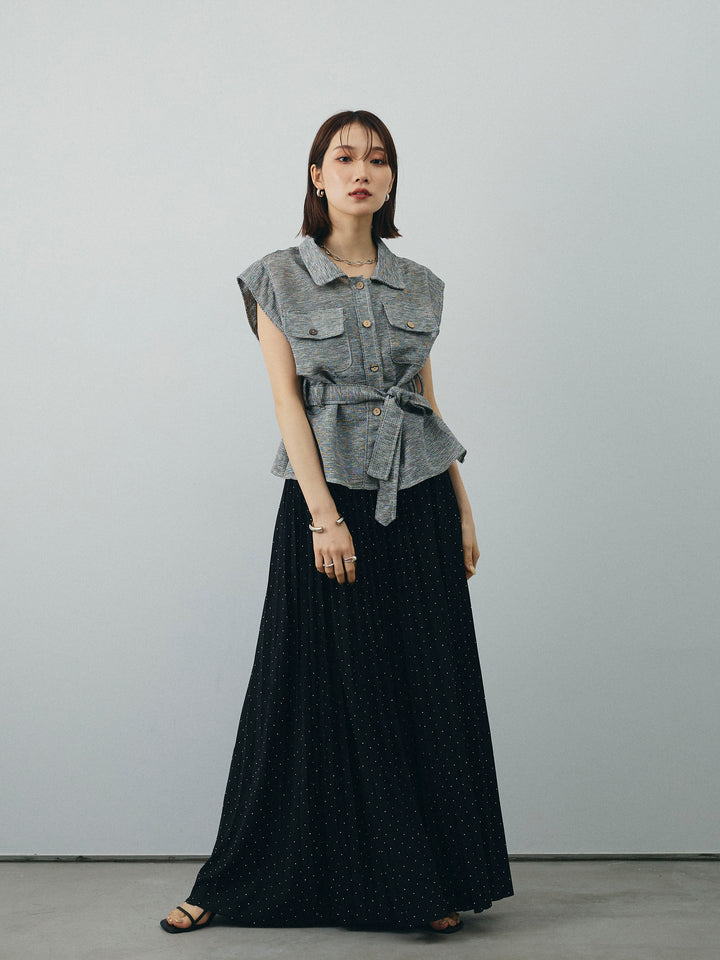 [予約]ラインストーンプリーツスカート/ブラック