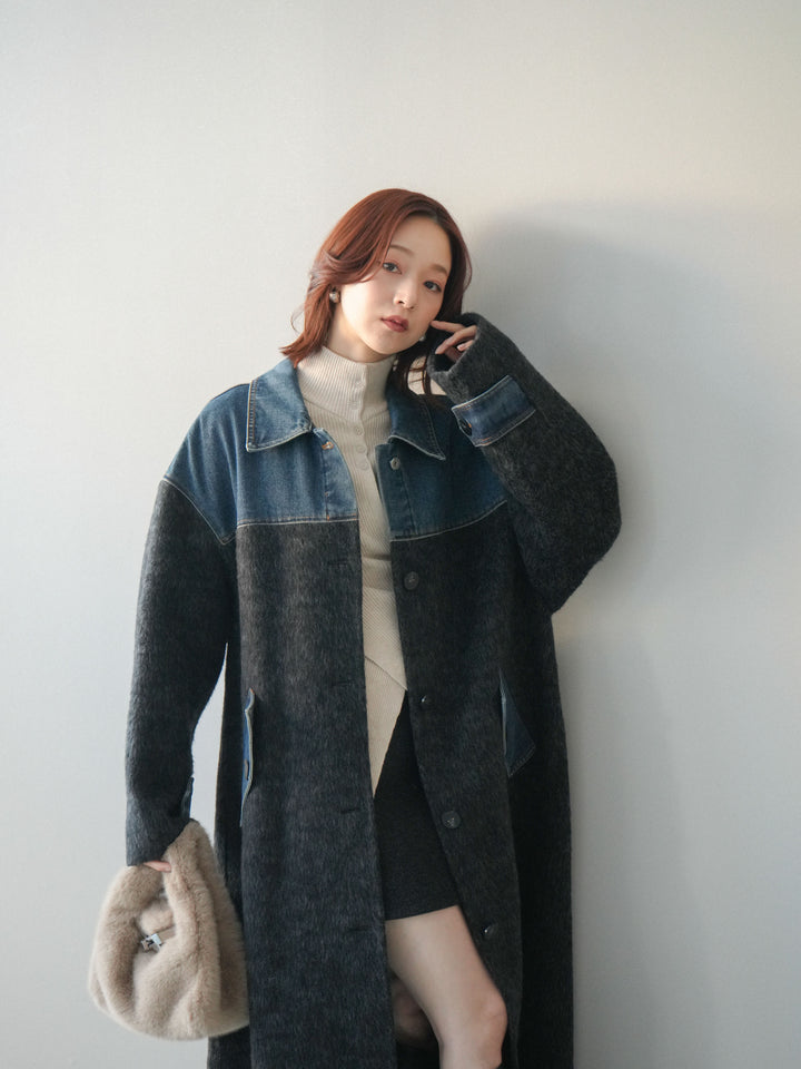 [SET]デニム切替シャギーステンカラーコート+ウールタッチベルト付ミニスカート(2set)