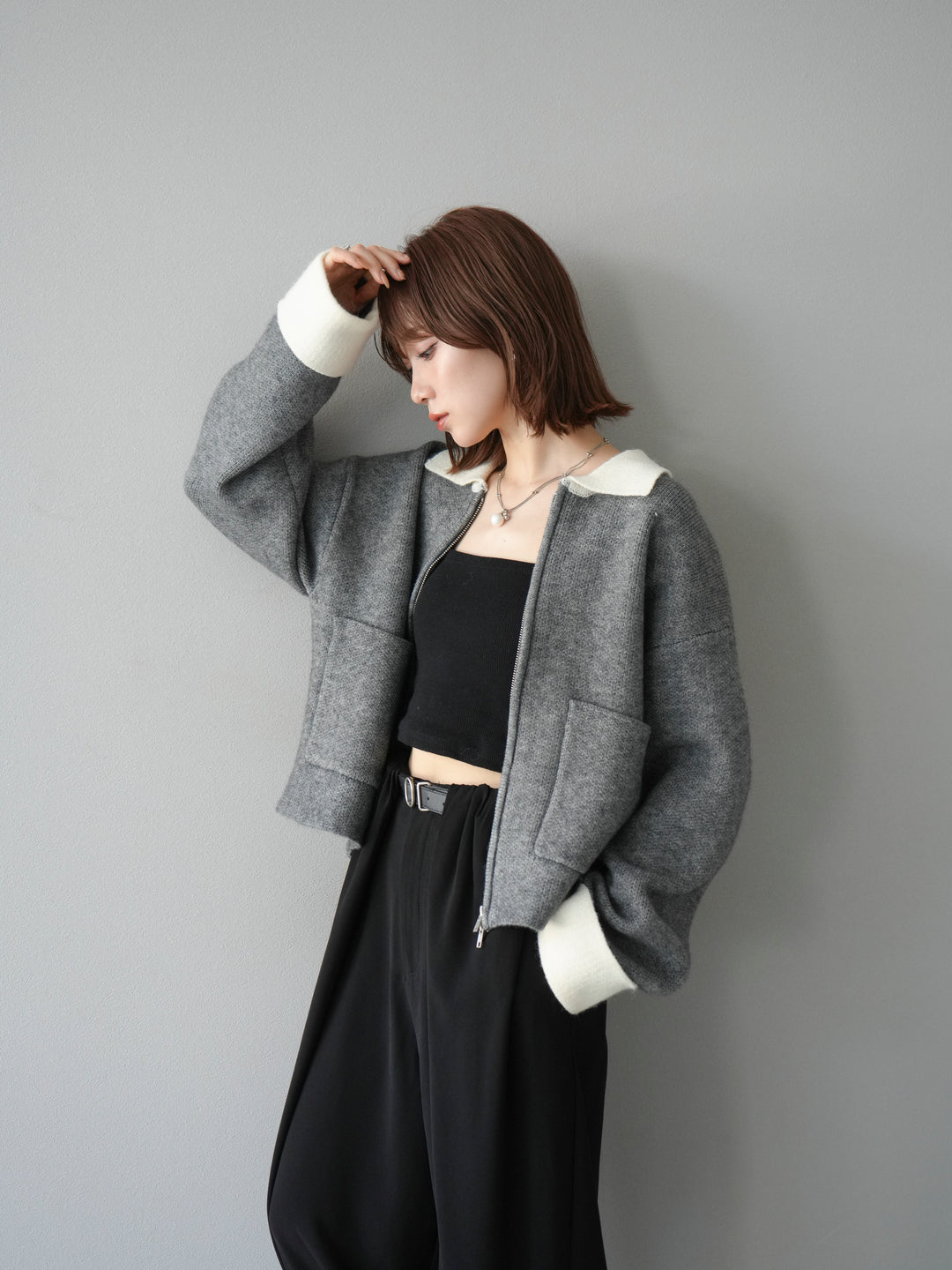 [予約]ポロ襟ジップニットカーディガン/チャコール