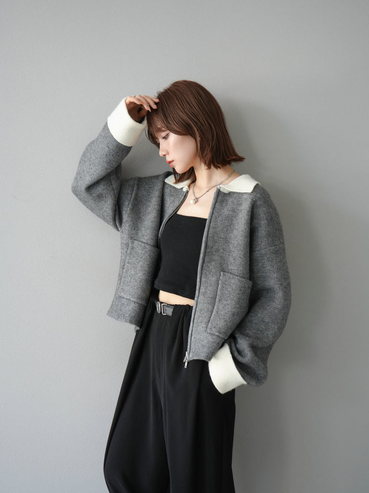 [予約]ポロ襟ジップニットカーディガン/チャコール