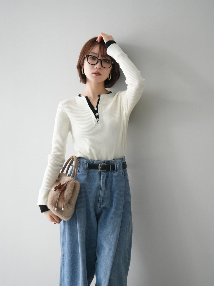 [SET]バイカラーキーネックリブニットトップス+ハイウエストベルトループデザインデニムパンツ(2set)