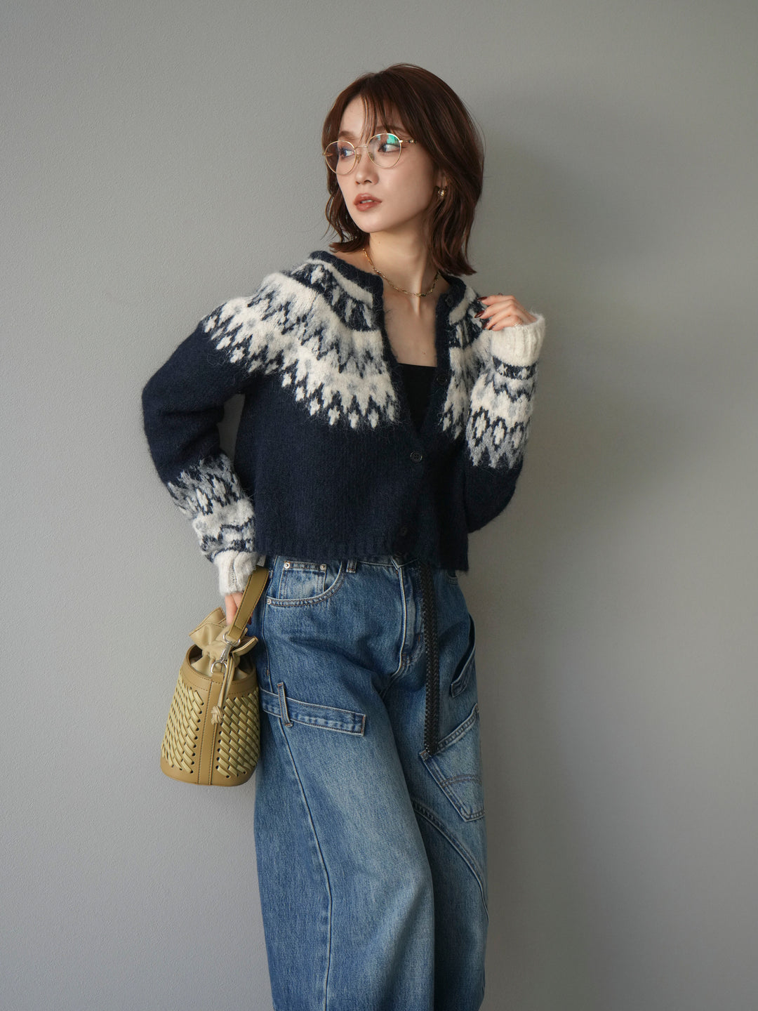 【着回しセット】[SET]求心柄クロップドニットカーディガン+ミックスヤーンペイズリー柄ニットカーディガン+ペインターカーブデニムパンツ(3set)