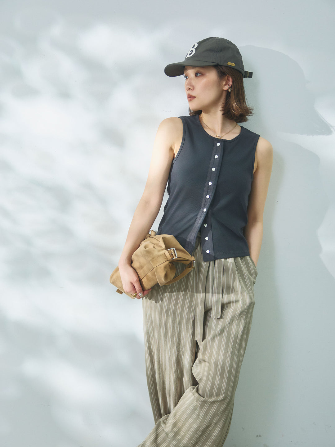 【Allure】[SET]フロントボタンテレコリブタンクトップ+ストライプイージーパンツ(2set)