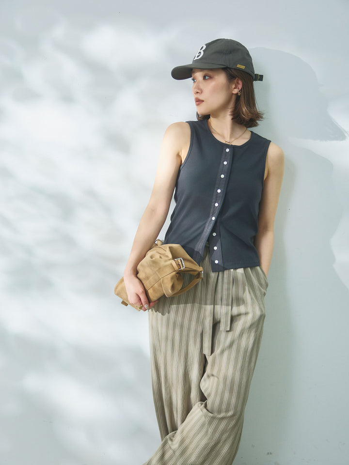 【Allure】[SET]フロントボタンテレコリブタンクトップ+ストライプイージーパンツ(2set)