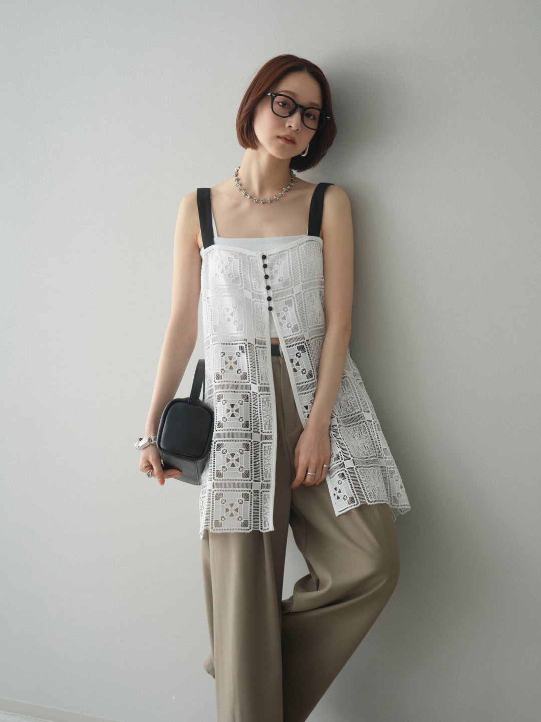 [SET]配色パネルレースキャミソール+ベルト付キーホルダーモチーフワイドパンツ(2set)