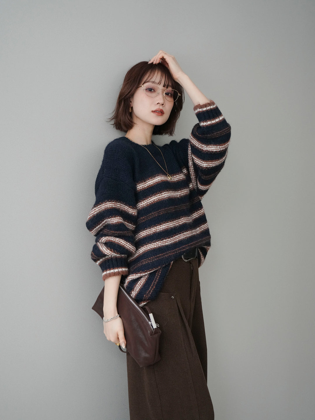 [予約]ステッチボーダーニットプルオーバー/navy