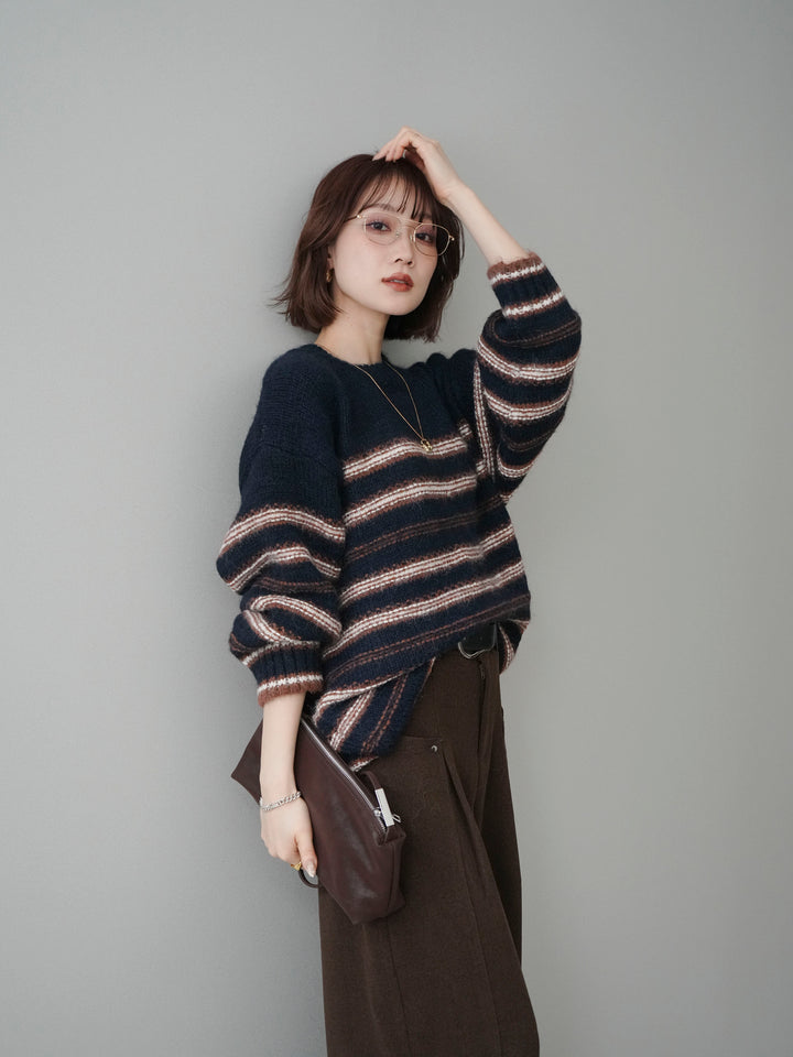 [予約]ステッチボーダーニットプルオーバー/navy