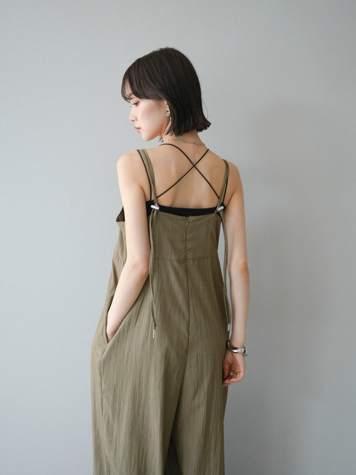[SET]リネンライクビスチェデザインサロペット+ダブルストラップカットリブブラキャミソール(2set)