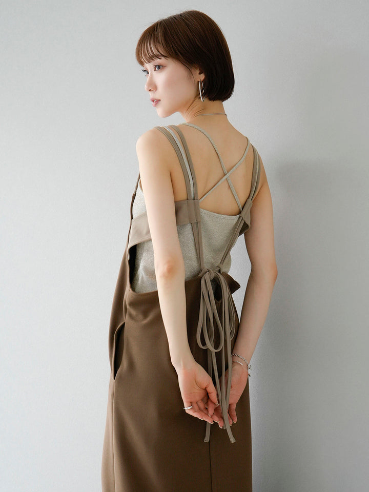 [SET] Bicolor layered design cami dress + double strap lame bra camisole (2set)