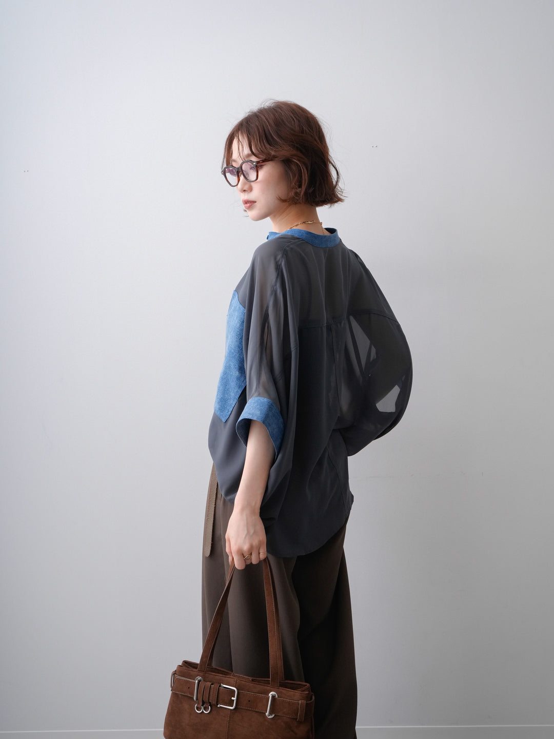 [予約]デニムコンビシアードルマンブラウス/charcoal