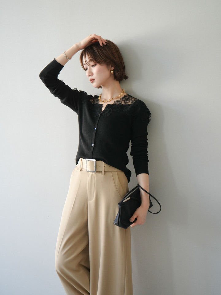 【套裝】肩部蕾絲針織開襟衫+銀色搭扣垂褶闊腿褲（兩件套）