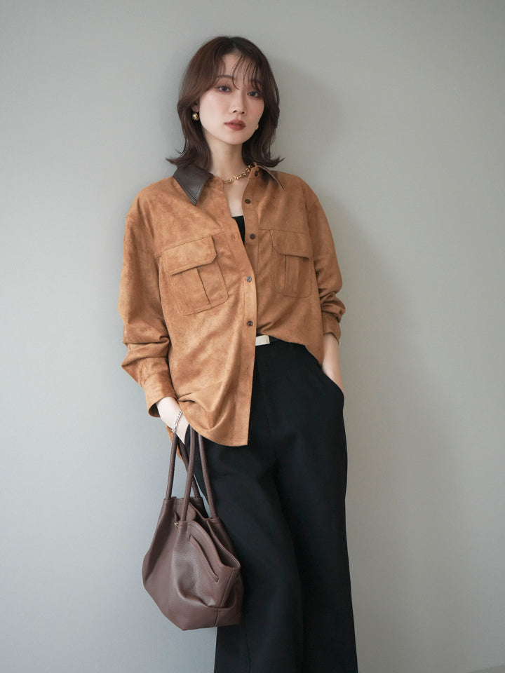[予約]レザー襟スエードシャツ/camel