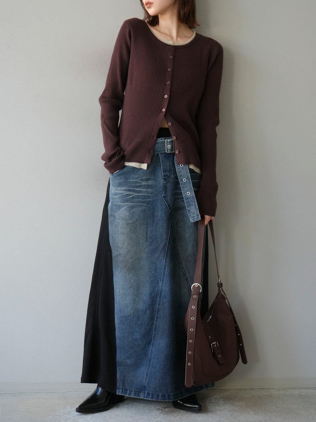 [予約]レイヤード配色ニットカーディガン/ブラウン