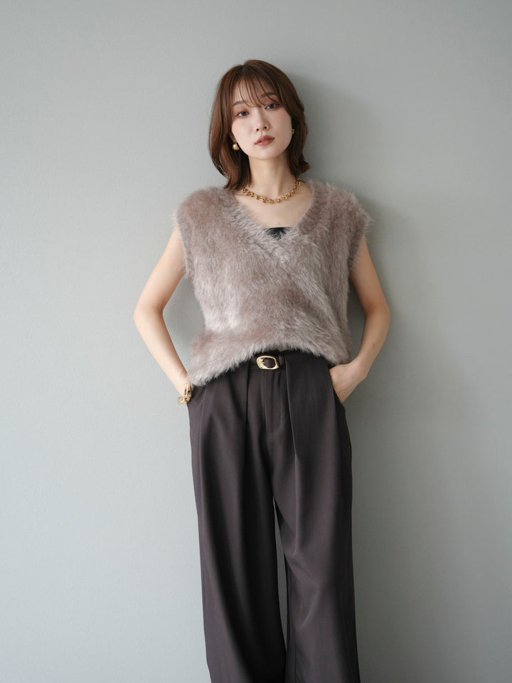 [SET]ラメシャギーVネックニットベスト+ベルトループデザインワイドパンツ(2set)