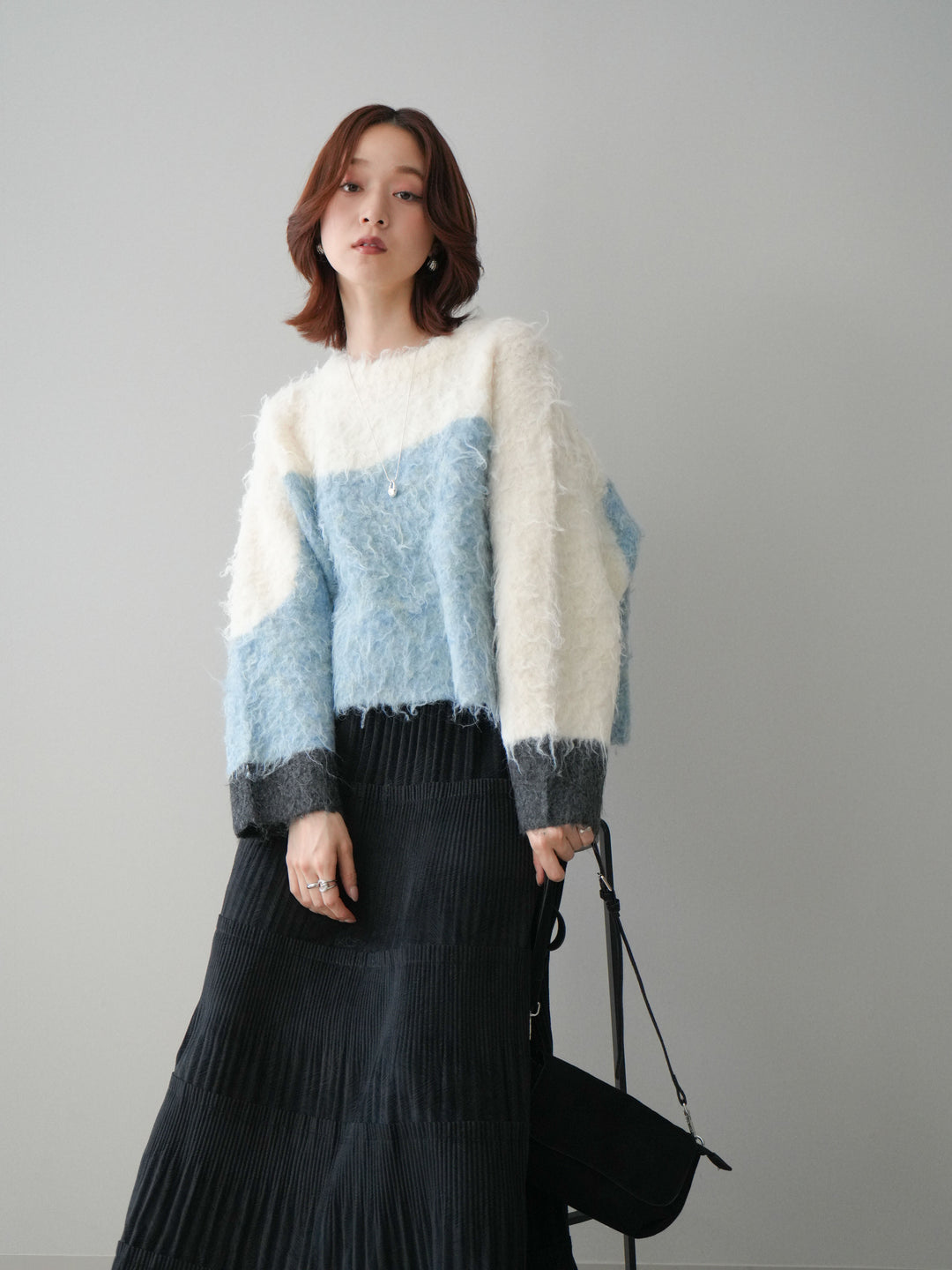 [SET]バイカラーモヘアタッチニットプルオーバー+型押しスエードティアードプリーツスカート(2set)