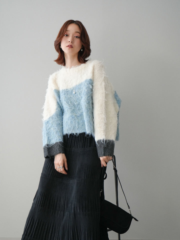 [SET]バイカラーモヘアタッチニットプルオーバー+型押しスエードティアードプリーツスカート(2set)