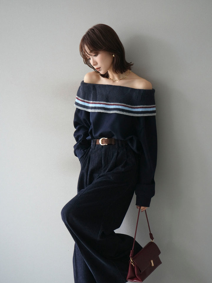 [予約]ボーダーニットオフショルダーxスウェットプルオーバー/navy
