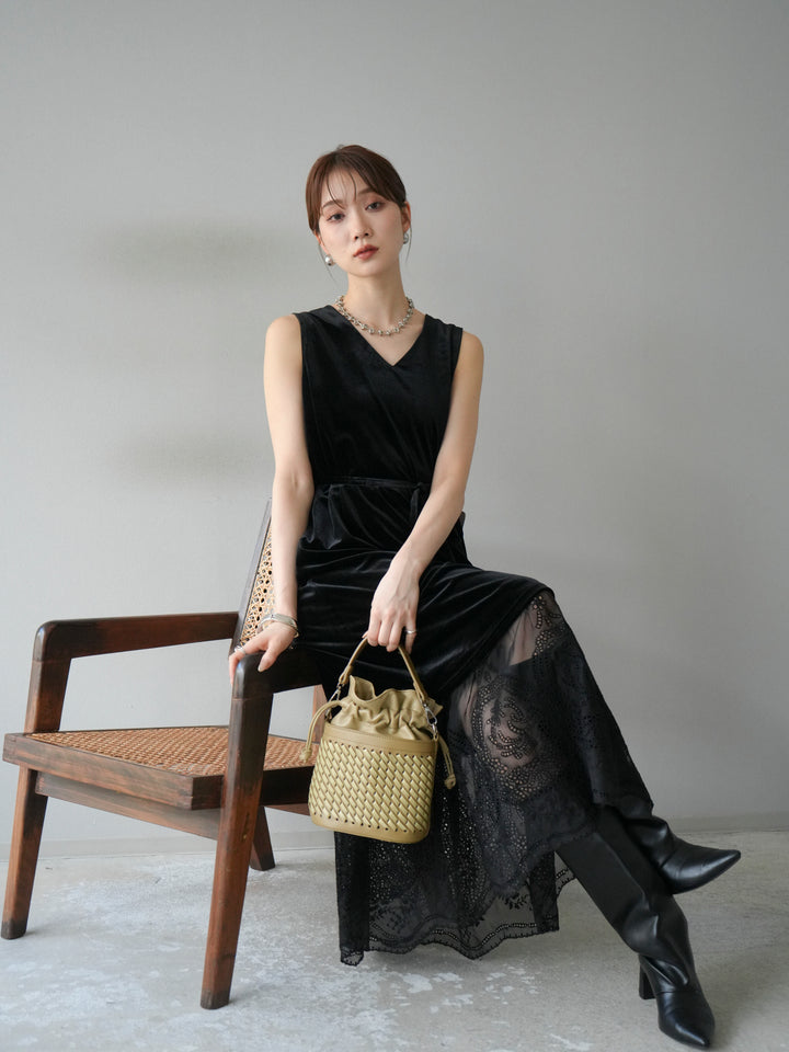 [予約]裾コットンレースベロアワンピース/ブラック