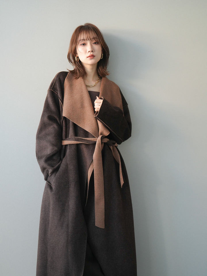 [予約]ダブルフェイスバイカラーロングコート/brown