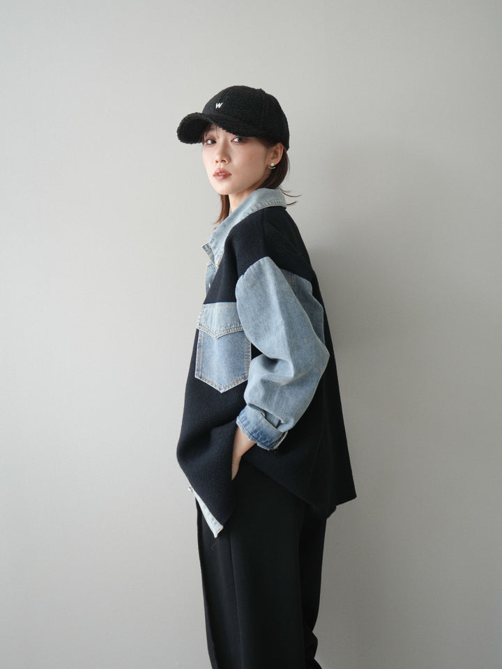 [予約]デニム襟ダブルフェイスニットカーディガン/black