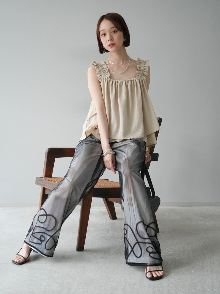 [SET] 縮肩喇叭背心 + 水彩藝術休閒褲 + 繩繡薄紗疊穿褲 (3 件套)