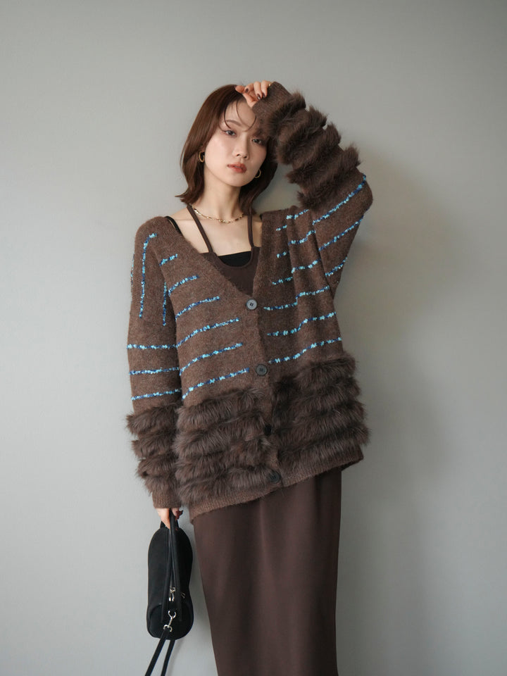 [予約]フェザーライン配色シャギーニットカーディガン/ブラウン
