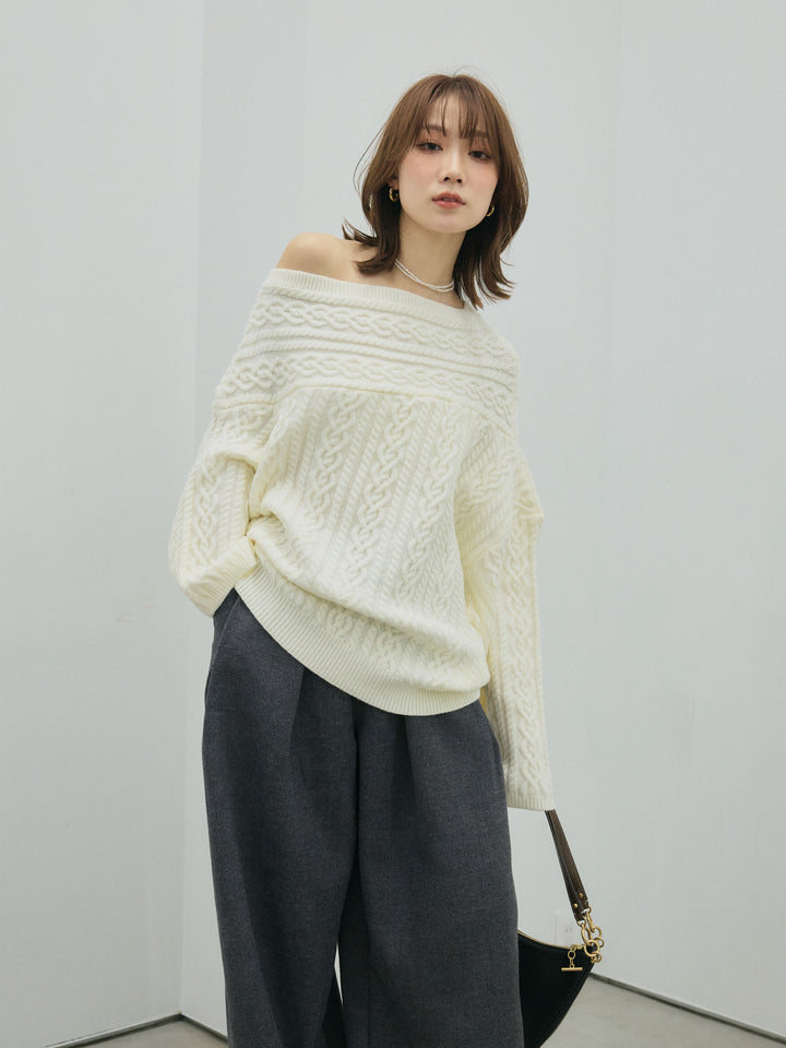 【Allure】[SET]ケーブルワンショルニットプルオーバー+ループデザインツイルワイドパンツ(2set)