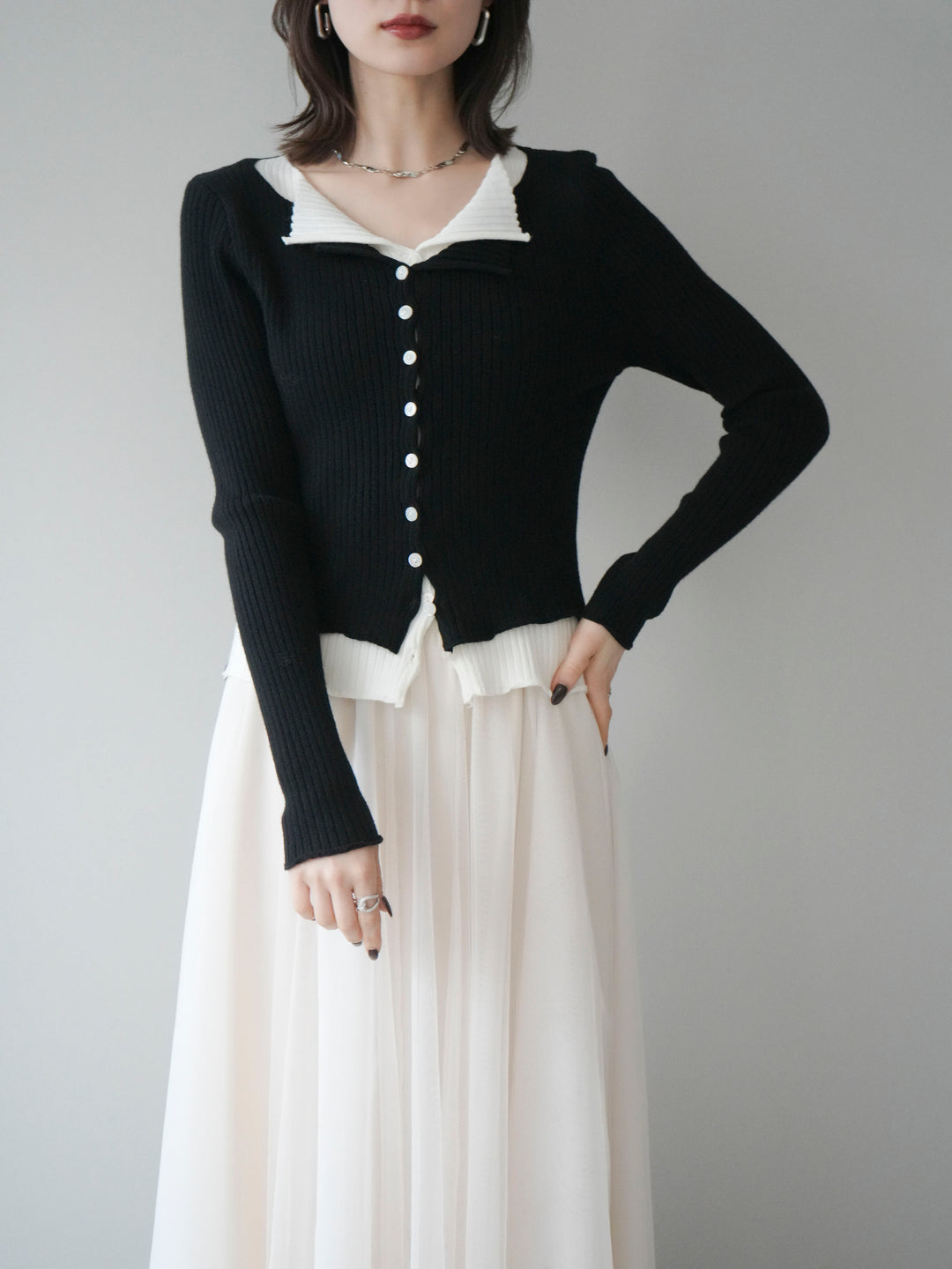 [予約]配色レイヤードリブニットカーディガン/black