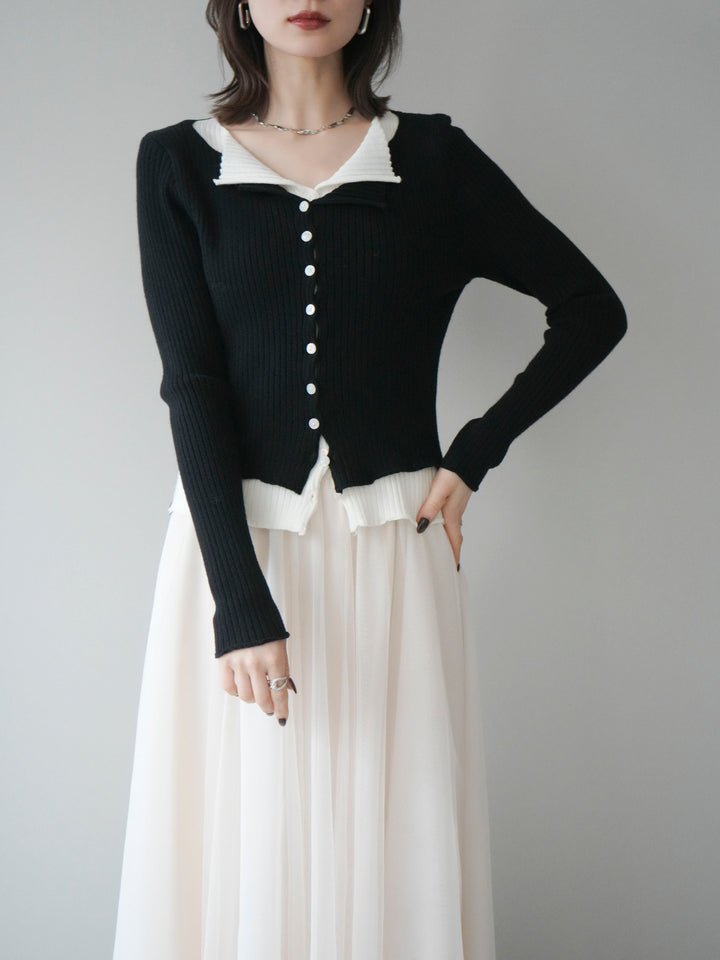 [予約]配色レイヤードリブニットカーディガン/black